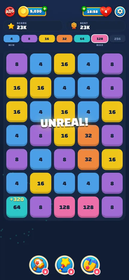 DoubleUp gameplay on a phone: a 5 by 7 board of coloured number tiles